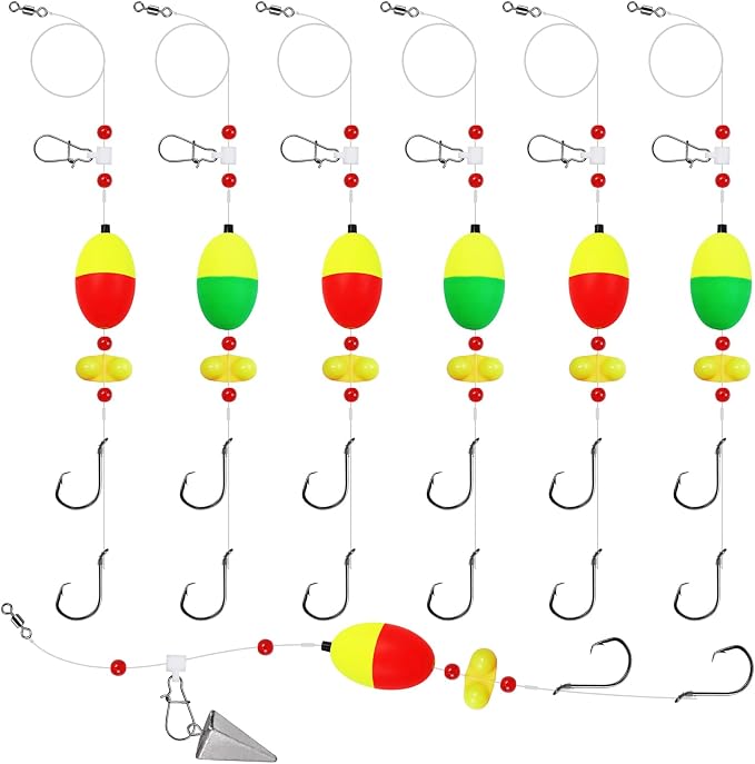 Fish Finder Rigs - 6 Pack (Size 6/0 or 8/0) with 33LB Fluorocarbon Leader - Pre-Assembled Surf Fishing Rigs with High-Carbon Steel Hooks & Oversized Float for Saltwater Ocean Fishing