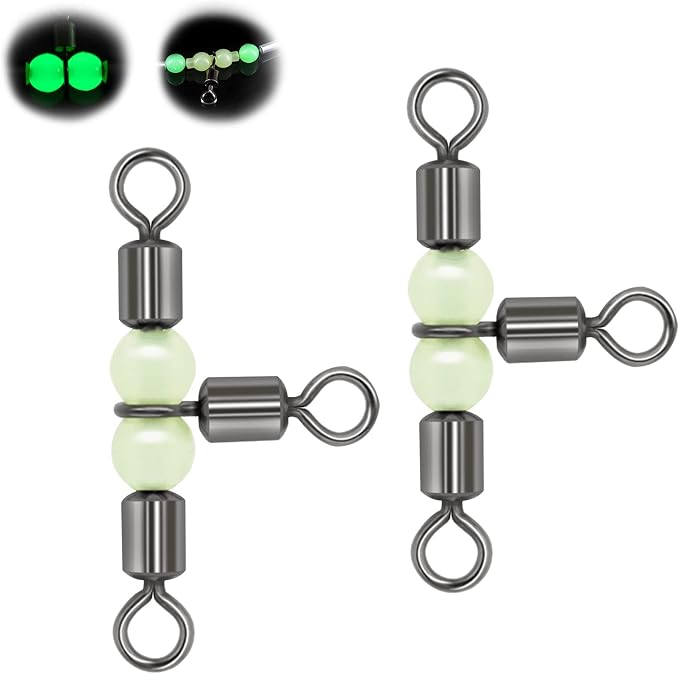 Goture Fishing Swivels, 3 Way Swivels Fishing Tackle, T Shape Cross Line Rolling Swivels with Luminous Beads Saltwater Freshwater,Three Way Fishing Swivels Barrel Swivels for Catfish Rig Surf Rig