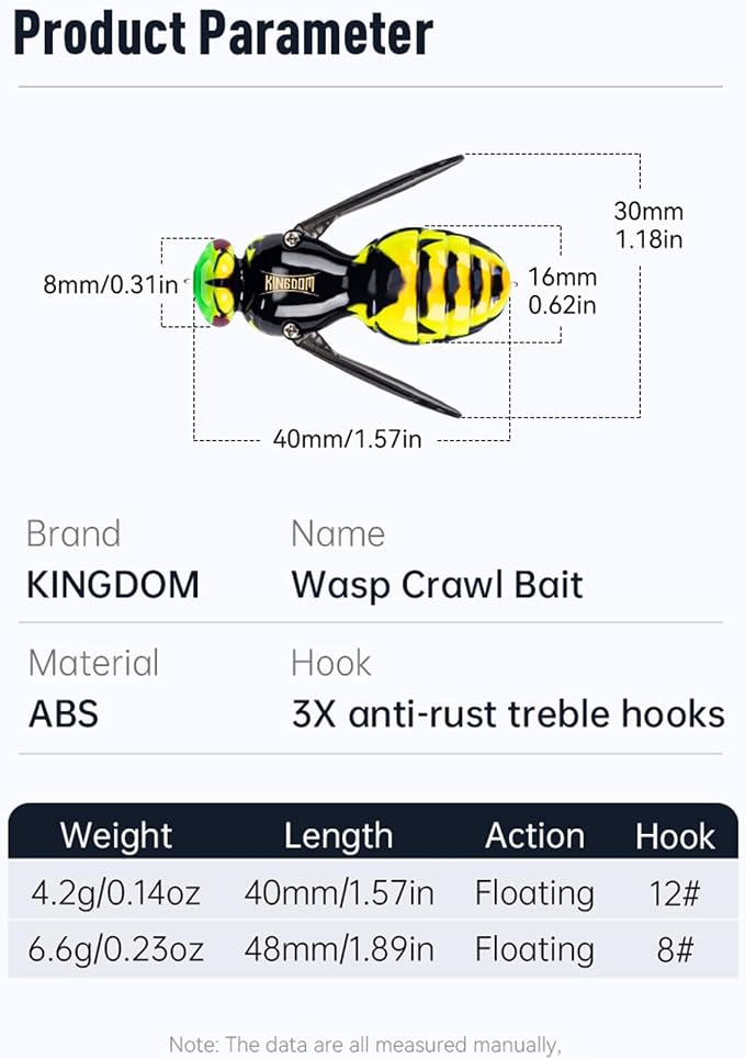 Kingdom Wasp Craw Bait Insect Bionic Floating Fishing Lures Swimbaits Hard Artificial Baits Lure for Freshwater and Saltwater Bass Carp Pike Walleye Fishing ABS Material Carbon Steel Three Book Hook