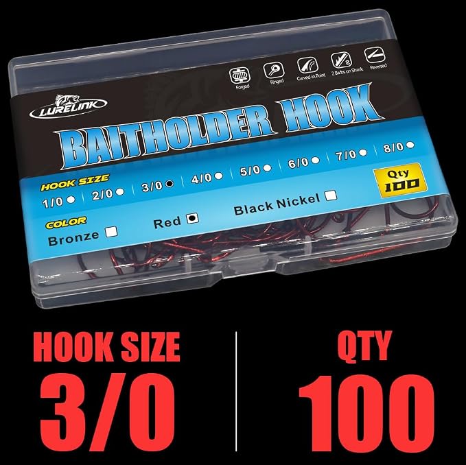 Baitholder Fishing Hooks 100 Pack - Double-Barbed Long Shank for Bluegill Bass Trout Walleye Black/Red, 8/0-#8