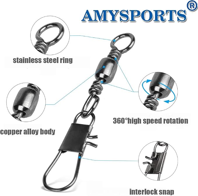AMYSPORTS Fishing Tackle Barrel Swivel Snap High Strength Snap Swivel Saltwater Stainless Steel Fishing Barrel Snaps Interlock Snaps Freshwater Leader Lure Connnector Accessories