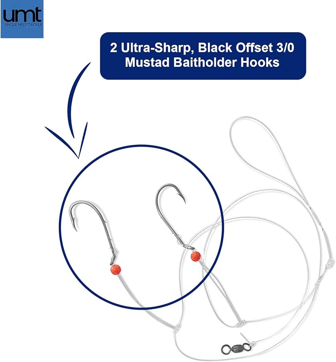 Sea Bass Hi/Lo Saltwater Fishing Rigs 1, 5 &10 Pack Bulk Options - Uncle Mo’s Tackle – Mustad Size 3/0 Bait Hook, 60lb Heavy Duty, 80lb Swivel & Sinker Loop, Hand Tied - for Fluke Porgy Snapper Croaker Sea Trout Tautog Spot Pompano