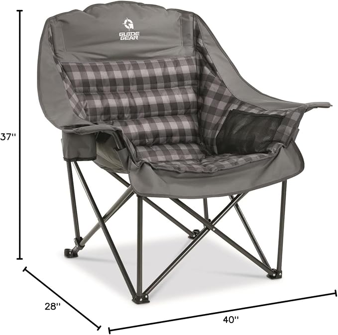 Guide Gear Oversized Extra Large Padded Camping Chair, Portable, Folding, Large Camp Lounge Beach Chairs for Outdoor, Adults, Men and Women, Heavy-Duty 400 Pound Capacity, with Cup Holder Gray Plaid