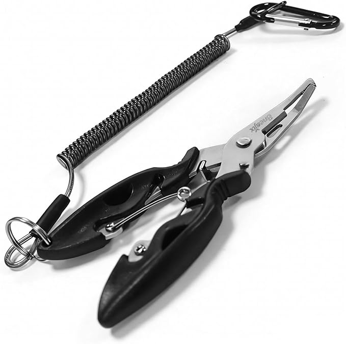 5" Mini Lure Fishing Pliers with Safety Lock and Anti Loss Rope | Multi-Function Curved nose hook remover, line cutter & open ring pliers; rustproof for saltwater and freshwater use