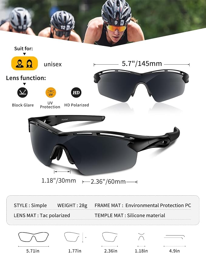 Rosemal Sports Sunglasses Polarized Cycling Sunglasses Running Driving Fishing Hiking for Men Women UV400 TAC TR90