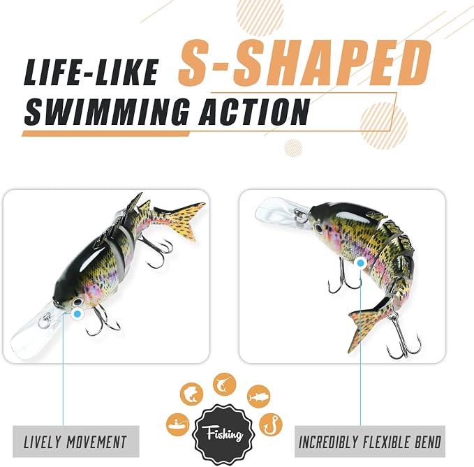 TRUSCEND Swimmax Easy Catch Fishing Lures with BKK Hooks, Wiggling, Vibrating, Rattling and Gurgling for More Bite, Heavy-Duty Dyneema Fiber Jointed Swimbaits for Bass, Trout, Walleye, Crappie, Pike