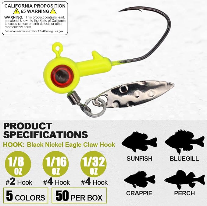 XFISHMAN Crappie-Jigs-Heads-Kit 1/8 1/16 1/32oz 50 Pack Panfish Fishing Jigs Lead Head Jig Hook Lure