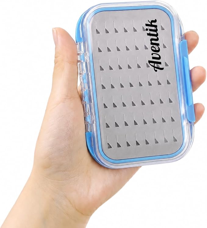 Aventik Waterproof Clear Fly Box Double Sides Floating Lightweight Fly Fishing Case Large Capacity Grip Foam Nymph Wet Dry Flies Lure Box(H18 Blue, SIZE B:6.08X4X1.6inch)
