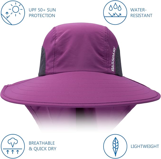 BASSDASH UPF 50+ Unisex Water Resistant Wide Brim Sun Hat with Large Neck Flap Ponytail Fishing Hat for Men Women