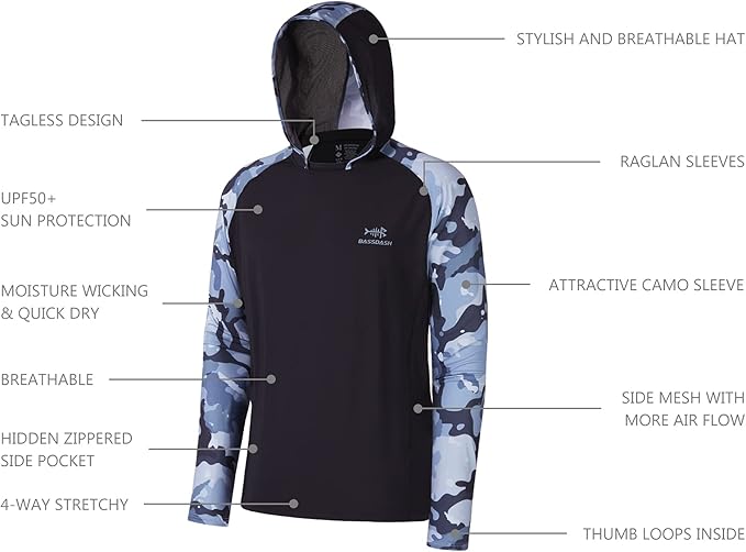 BASSDASH Men’s UPF 50 Performance Fishing Shirt Cooling Hoodie Camo Long Sleeve FS17M