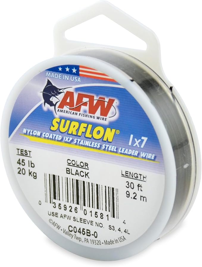 American Fishing Wire Surflon Nylon Coated 1x7 Stainless Steel Wire Leader - Wire Fishing Leader Line for Saltwater 10lb Up To 250lb Test in Bright, Black, Camo in 30ft, 100ft, 300ft, & 1000ft Lengths