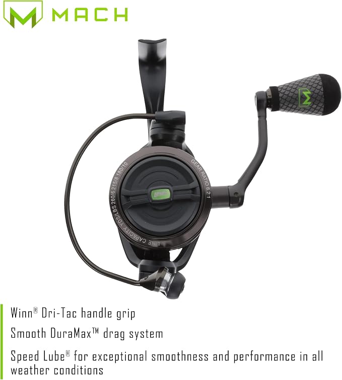 Lew's MACH 2 Spinning Fishing Reel, 6.2:1 Gear Ratio, Right or Left-Hand Retrieve, Aluminum Frame, Premium 10 Stainless Steel Ball Bearings, Black/Green