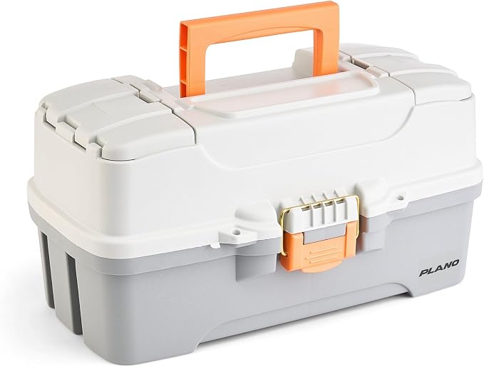 Plano Three-Tray Tackle Box, Light Grey/Dark Grey, Rust-Proof Brass Latch, Top-Access Tray with Deep Storage, Made in the USA, Portable Fishing Gear Storage Organizer