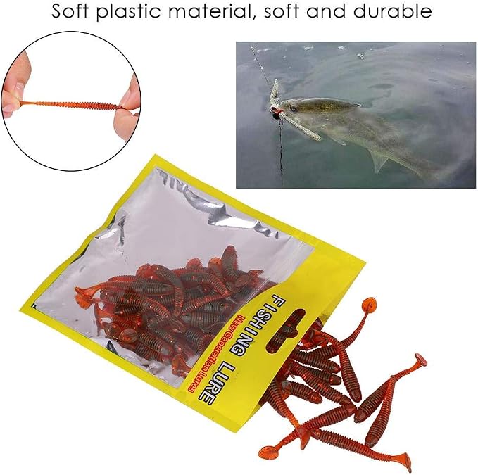Tbest 50 Pcs 5cm Soft Fishing Lures, Plastic Fishing Bait T-Tail Grub Worm Baits Fish Tackle Accessory 9 Colors
