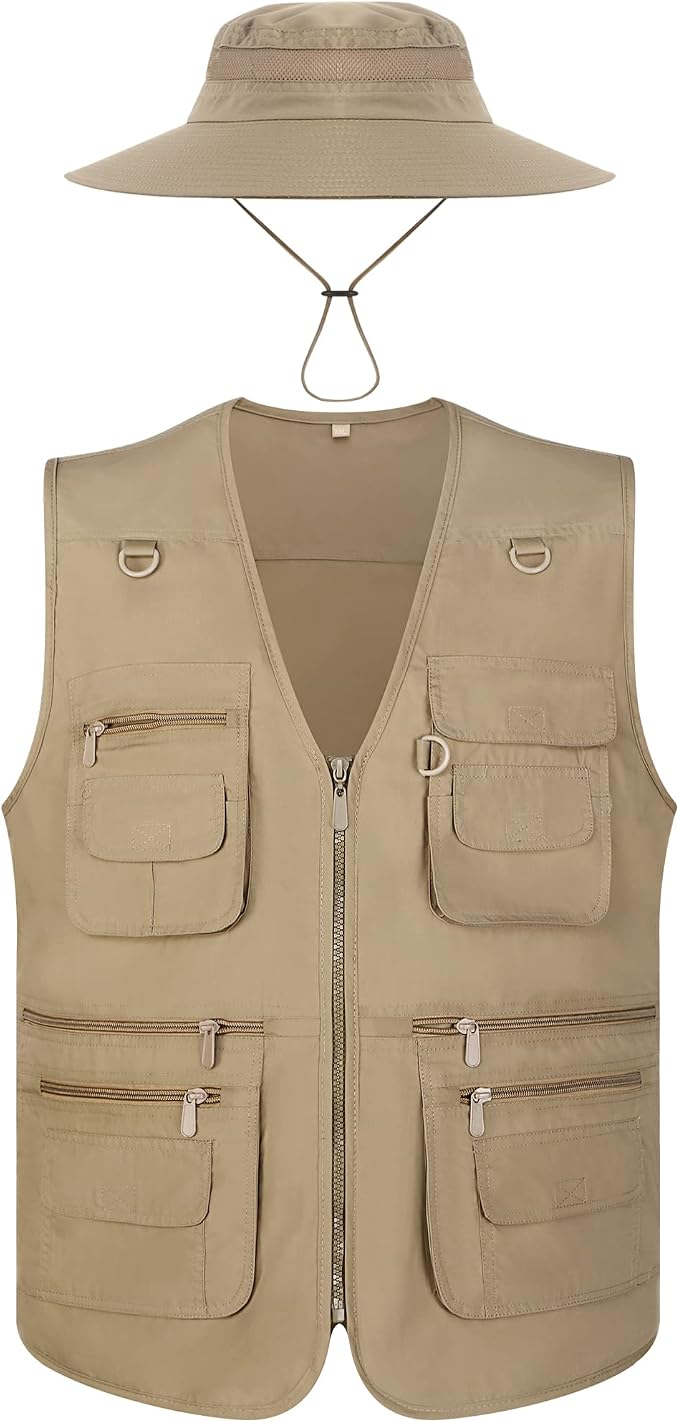 Janmercy 2 Pieces Men's Work Fishing Vest with Hat Lightweight Safari Travel Hunting Waistcoat With Multi Pockets Fishing Hat