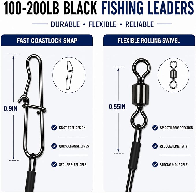 Stainless Steel Fishing Wire Leaders, Black Coated & Uncoated Options, Heavy Strength 31–100LB, 6–21in Multi Sizes with Rolling Swivels Snaps for Salt Fresh Water Shark Pike Barracuda