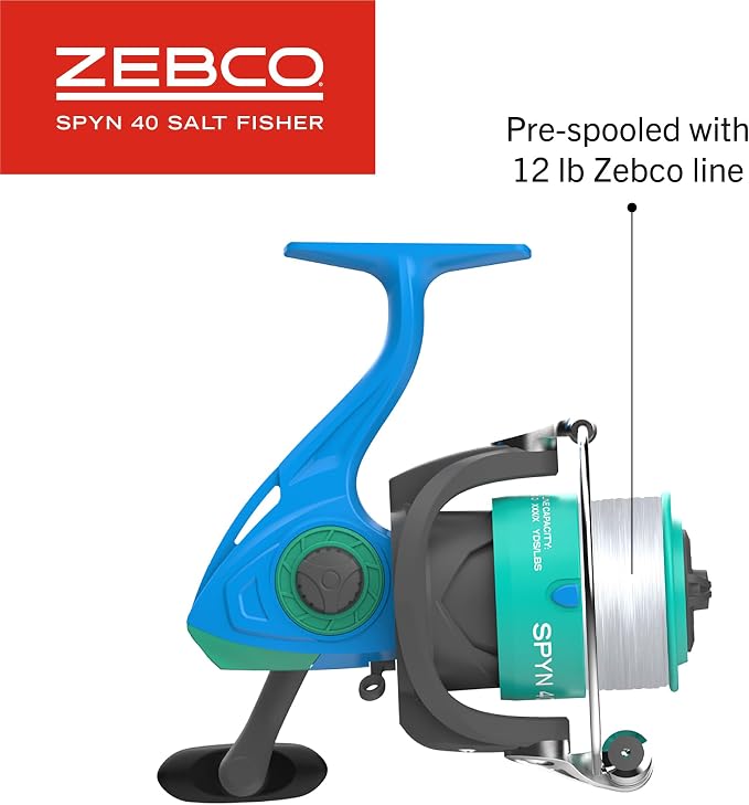 Zebco Spyn 40 Salt Fisher Spinning Reel and Fishing Rod Combo, 6-Foot 6-Inch 2-Piece Telescopic Rod, Size 40 Reel, 7-Piece Strike King Tackle Kit