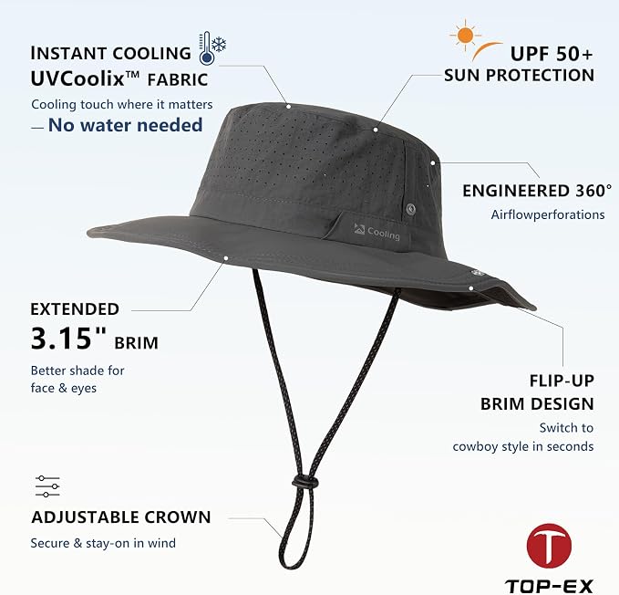 TOP-EX UVCoolix™ Cooling Sun Hat for Men Women, UPF 50+ Wide Brim Safari Hat, 360° Breathable Boonie Hats for Hiking, XL/XXL