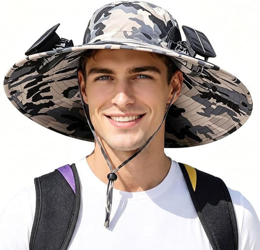 Men Sun Hat with 2 Solar Fan UPF 50+ Fishing Hats Wide Brim UV Protection Sun Hat, USB Charging