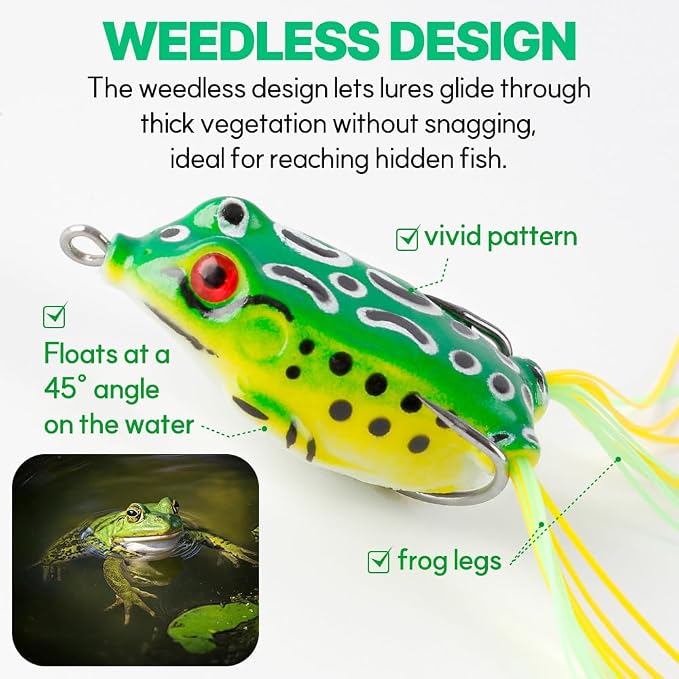 Topwater Frog Lures for Bass Fishing, 5 Pack Soft Hollow Body Weedless Frog Bait, Realistic Swimming Action, High Hookup, Crankbait for Freshwater Fishing, Includes Tackle Box