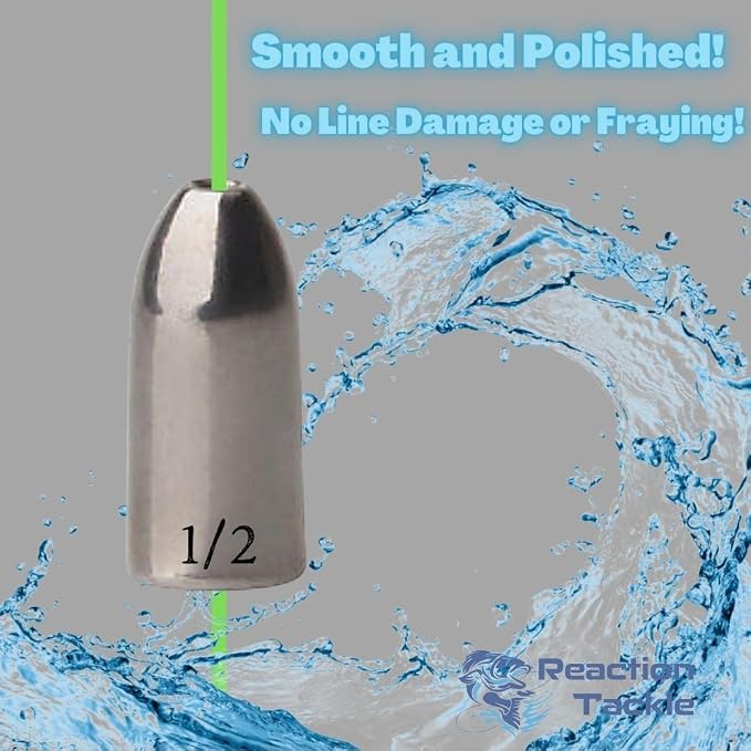 Reaction Tackle Tungsten Worm Weights for Bass Fishing - Bullet Shaped Sinkers/Fishing Weights - for Texas Rig and Carolina Rig/Size Stamped