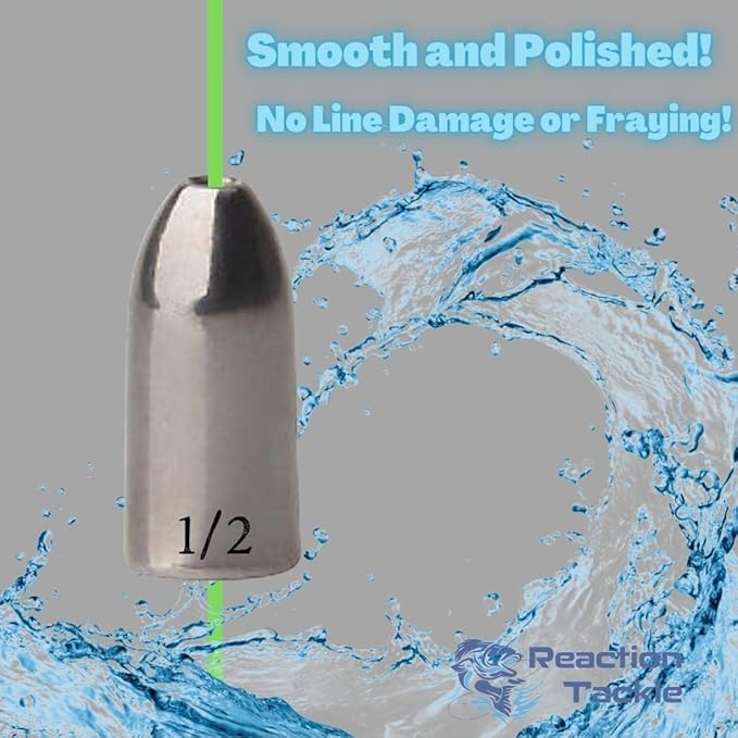 Reaction Tackle Tungsten Worm Weights for Bass Fishing - Bullet Shaped Sinkers/Fishing Weights - for Texas Rig and Carolina Rig/Size Stamped