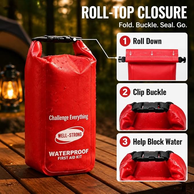Waterproof First Aid Kit Roll Top Boat Emergency Kit with Waterproof Contents for Fishing Kayaking Boating Swimming Camping Rafting Beach Red