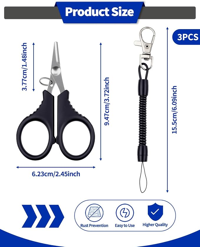 3 Pieces Fishing Scissors, Stainless Steel Fishing Line Cutter &braided Line Cutter, Cutters with Titanium Coating-Fishing with Hook and Retractable Coil Lanyards Fishing Accessories (Silver)