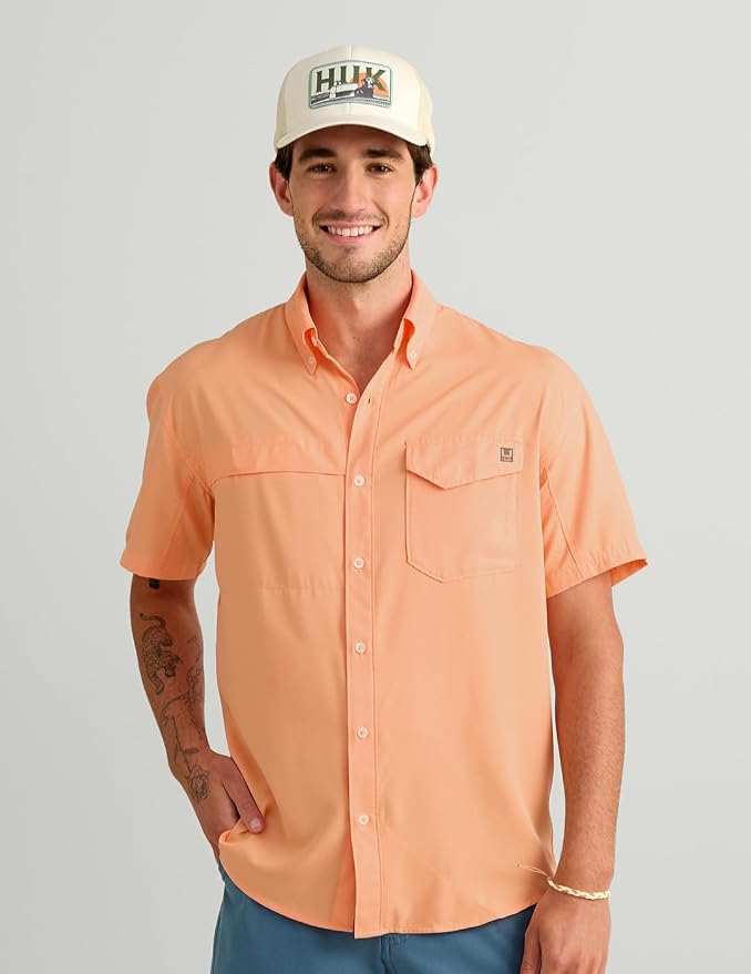 HUK Men's Tide Point Kc Scott Original Artwork Short Sleeve Shirt, Fishing Button Down