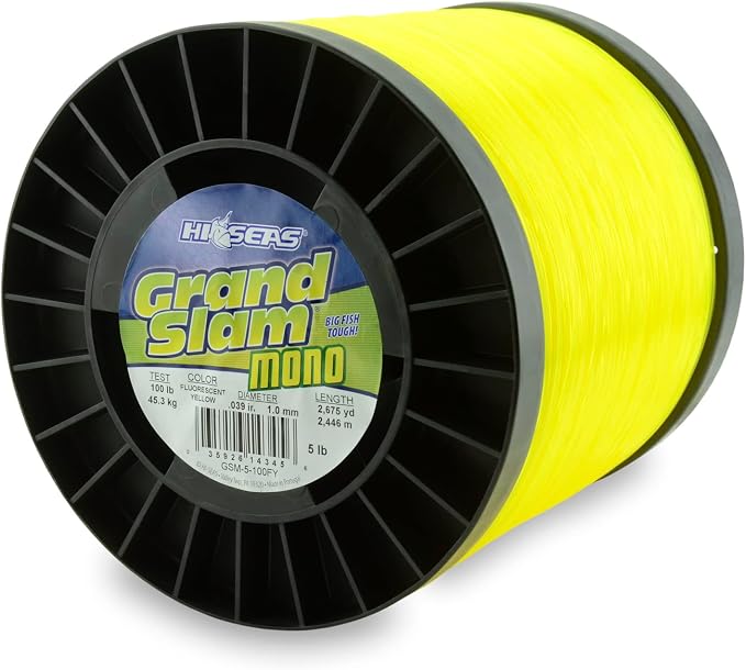 HI-SEAS Grand Slam Monofilament Fishing Line - Strong & Abrasion Resistant in Clear, Pink, Green, Smoke Blue, Fluorescent Yellow Freshwater & Saltwater - 5 lb Spool