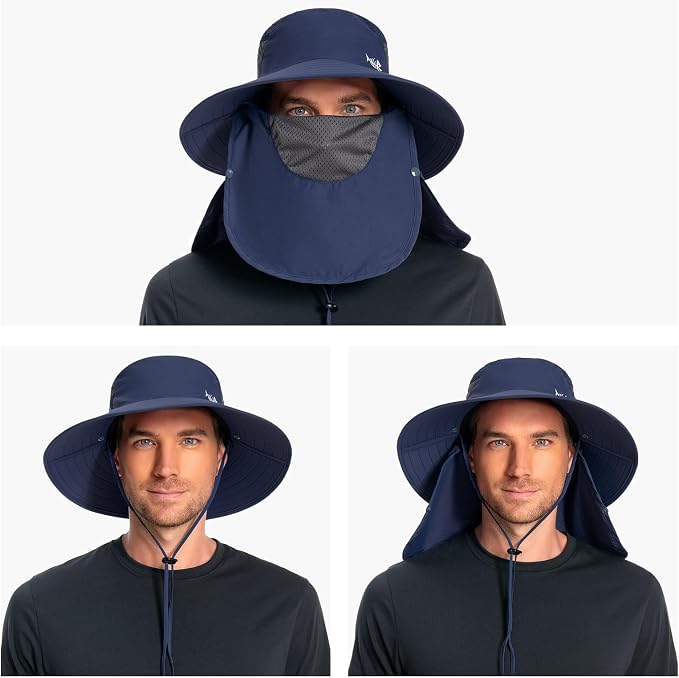 BASSDASH UPF 50+ Breathable Sun Hat with Removable Face Cover and Neck Flap Wide Brim Bucket Hat for Fishing Hiking Men Women