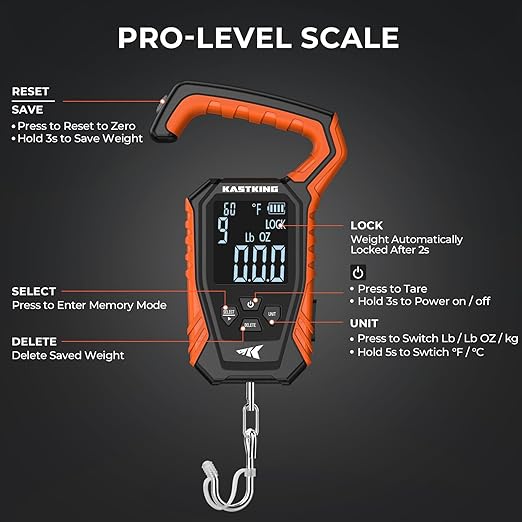 KastKing Weighmaster Mechanical-Digital Fishing Scale, 120 lb Capacity, 2.5" Backlit Display, High-Precision Sensor, 9 Weight Memory, Temperature Detection, IPX6 Waterproof, Fishing Gifts