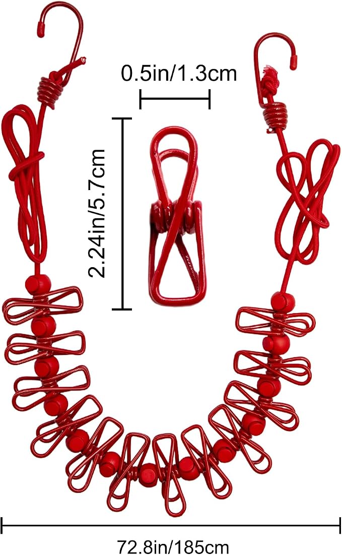 2 Pack Camping Clothesline Portable 12 Clothespins, Red Camping Accessories Travel Clothesline for Outdoor Indoor, Retractable Clothes Line Elastic Clothesline for Camper Hotel Room