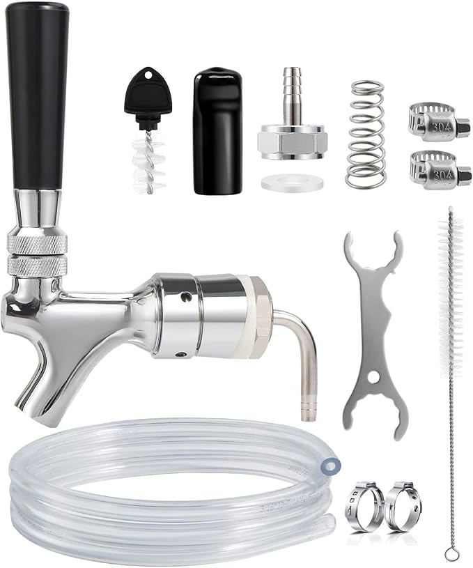 Draft Beer Faucet Beer Line Shank Kit Kegerator Parts Beer Tower Dispenser Replacement Set Self-Closing Beer Tap Wrench I.D.3/16” Beer Tubing 1/4”Keg Coupler Barb Cleaning Brush Tap Cover