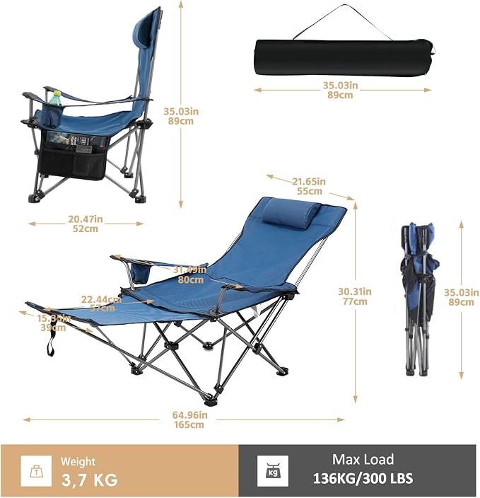 Reclining Folding Camping Chair with Removabel Footrest, Adjustable Folde Camping Chair with Foot Rest, Camp Lounge Outdoor Beach Chair, Oxford Fabric Reclining Design with Pillow Cup Holder, Blue