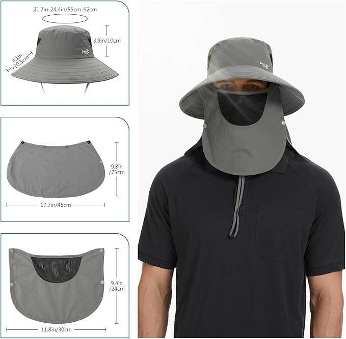 BASSDASH UPF 50+ Breathable Sun Hat with Removable Face Cover and Neck Flap Wide Brim Bucket Hat for Fishing Hiking Men Women