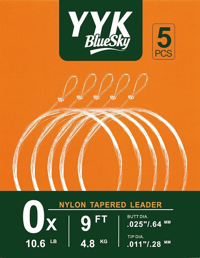 YYKBlueSky 9FT Clear Nylon Tapered Leader, Multiple Sizes 0X-7X (0X 1X 2X 3X 4X 5X 6X 7X) Optional, 5PCS Each for Freshwater Fly Fishing Line