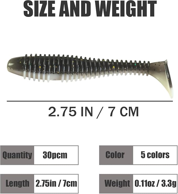 Paddle Tail Swim Baits，30Pcs Soft Plastic Fishing Lures Kit for Bass Crappie Trout Walleye Panfish Etc
