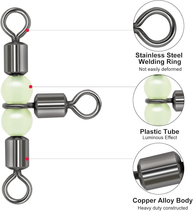 Goture Fishing Swivels, 3 Way Swivels Fishing Tackle, T Shape Cross Line Rolling Swivels with Luminous Beads Saltwater Freshwater,Three Way Fishing Swivels Barrel Swivels for Catfish Rig Surf Rig
