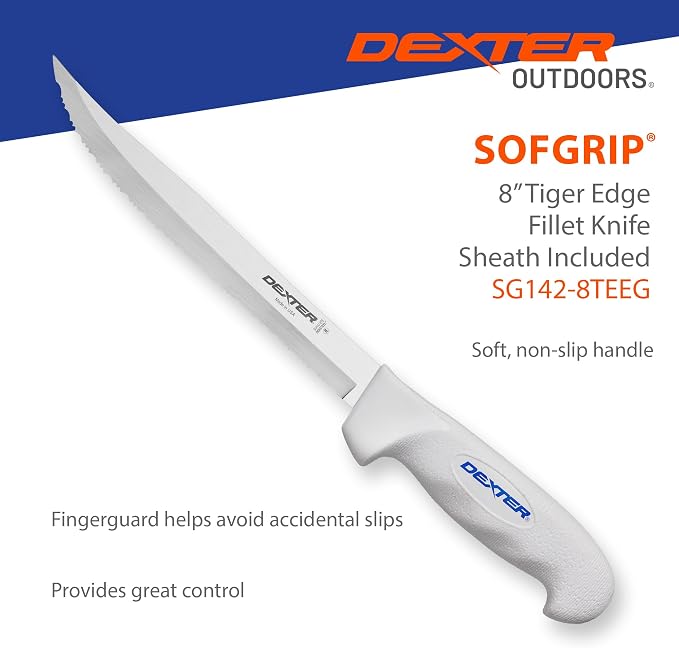 Dexter Outdoors 8" SOFGRIP Tiger Edge Scalloped Knife | Includes Edge Guard | High-Carbon American Stainless Steel Blade | Resists Corrosion | Comfortable, Slip-Resistant Handle | Made in USA