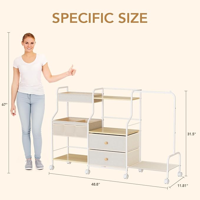 BBLIKE Diaper Caddy Organizer with Hanging Rack - 3 Tier Rolling Utility Cart with Drawers and Dividers for Baby Bottle Storage - Bedside Cart for Changing Station, Crib, Nursery, Bedroom, Beige