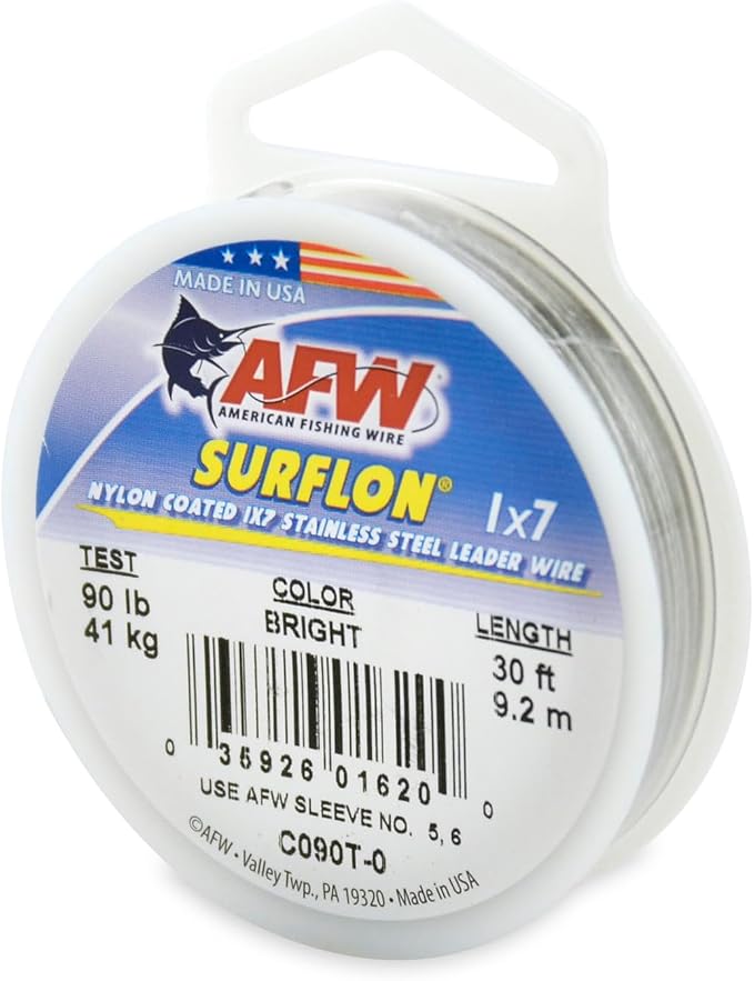 American Fishing Wire Surflon Nylon Coated 1x7 Stainless Steel Wire Leader - Wire Fishing Leader Line for Saltwater 10lb Up To 250lb Test in Bright, Black, Camo in 30ft, 100ft, 300ft, & 1000ft Lengths