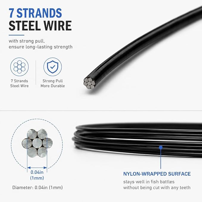Stainless Steel Fishing Wire Leaders, Black Coated & Uncoated Options, Heavy Strength 31–100LB, 6–21in Multi Sizes with Rolling Swivels Snaps for Salt Fresh Water Shark Pike Barracuda