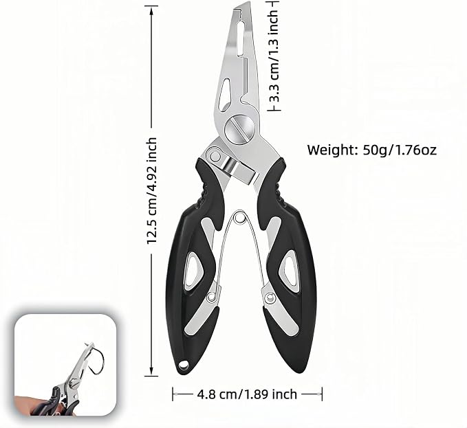 Multitool Fishing Pliers, Stainless Steel Multi-Tool with Spring-Loaded Design, Anti-Slip Grip, Line Cutter, Hook Remover for Saltwater Fishing