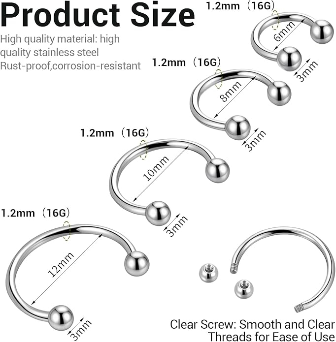 8 Pcs Septum Piercing, Stainless Steel Septum Rings 16G, Horseshoe Septums 6/8/10/12 External Thread with Replacement Ball and Grip Pen for Nose, Eyebrows, Ears, Lips
