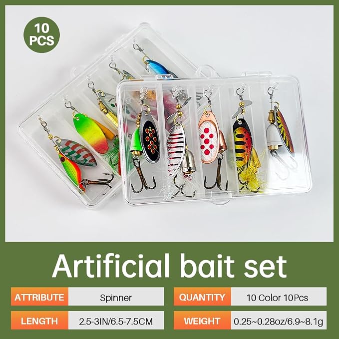 TB Tbuymax Fishing Spinner Baits for Freshwater and Saltwater, 10pcs Rooster Tail Fishing Lures & Spinning Spoons, Hard Metal Baits for Bass Trout Salmon with 2 Tackle Boxes