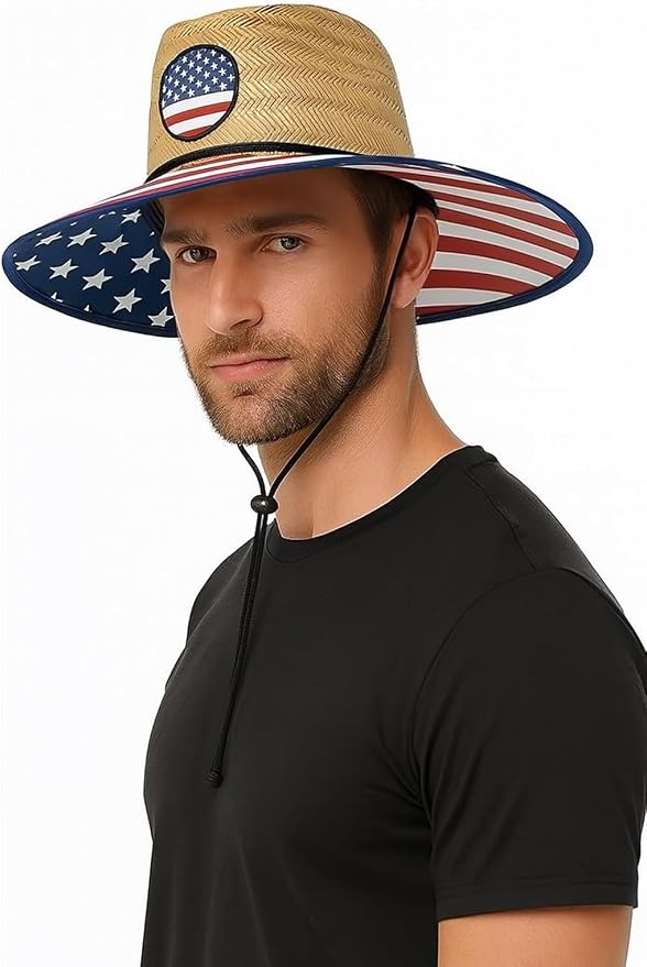 grinderPUNCH Lifeguard Hat Mens Straw Sun Hat for Outdoor American Flag USA Patriotic Straw Beach Fishing Straw Hat for Men