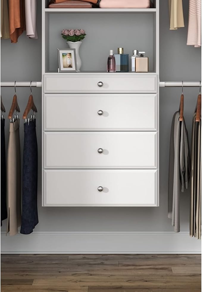 Easy Track OK7272 Deluxe Tower Closet Storage Wall Mounted Wardrobe Organizer Kit System with Shelves and Drawers for Bedroom with Hardware, White