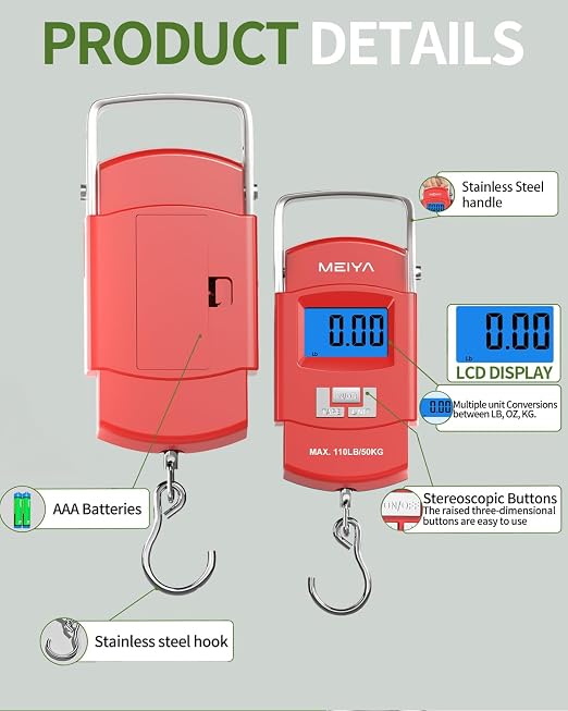 MEIYA Fish Scale 110lb Portable Luggage Scale Travel Digital Hanging Scale with Hook, Fishing Gifts for Men, Weighing Tool for Suitcases & Fish, Includes 2 AAA Batteries, Backlit LCD Display (Red)
