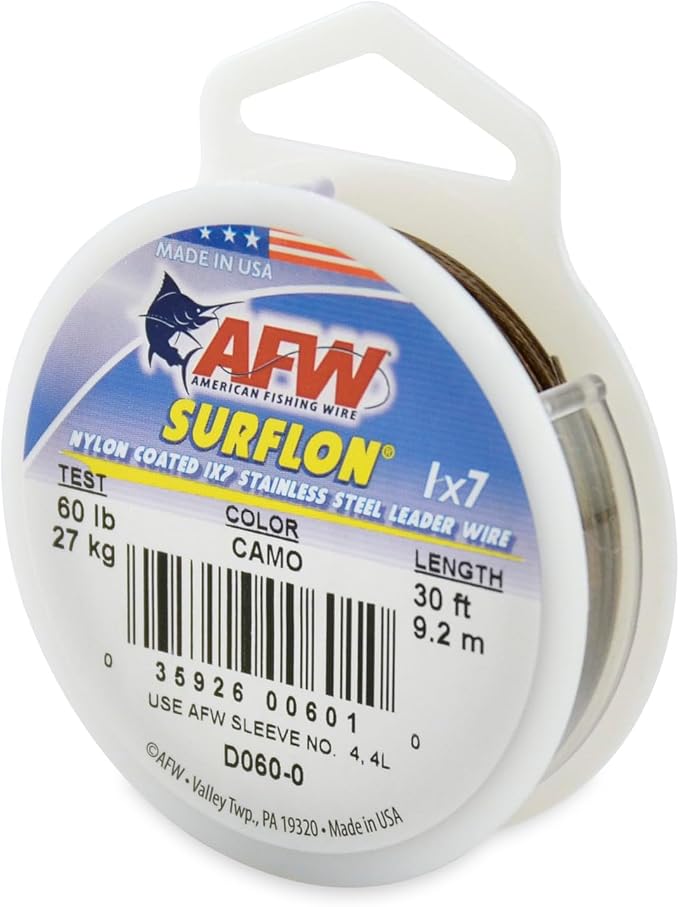 American Fishing Wire Surflon Nylon Coated 1x7 Stainless Steel Wire Leader - Wire Fishing Leader Line for Saltwater 10lb Up To 250lb Test in Bright, Black, Camo in 30ft, 100ft, 300ft, & 1000ft Lengths